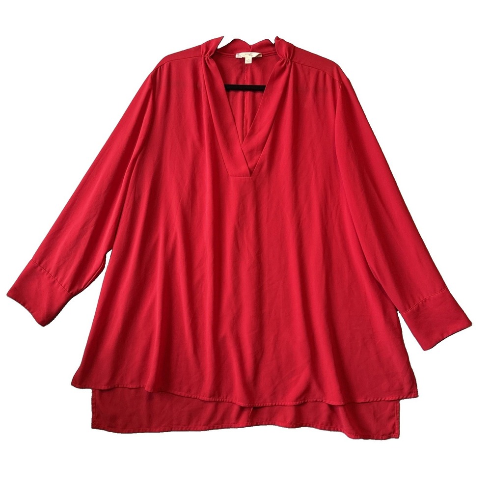 Terra & Sky Red V Neck Long Sleeve Blouse Top 2X Lightweight Minimalist Classic